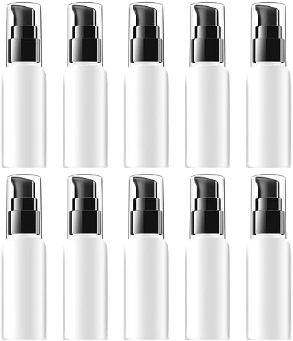 10 Pieces Travel Pump Bottles for Toiletries 2oz Small Pump Bottles Travel Bottle Plastic Empty Dispenser with Black Cap for Lotion Cream Essential Oil, 50ml (White) by VIDELLY