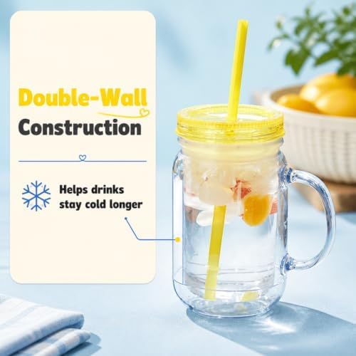 Plastic Mason Jars with Handles, Lids and Straws | 20 oz Double Insulated Tumbler with Straw | 4 Pack Set of 4 | Wide Mouth Mason Jar Mugs | Cups for Kids and Adults…