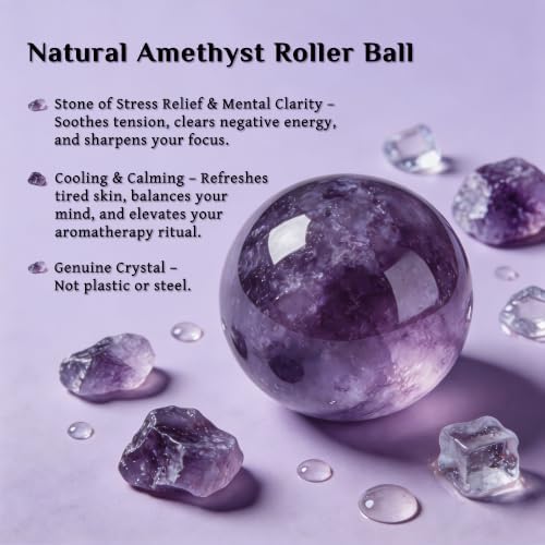 PrettyCare Rose Quartz Roller Bottles for Essential Oils, 50ml Roll On Bottles with Natural Crystal Roller Ball Applicator, Refillable Amber Glass Perfume Bottle (1 Pack, Purple Roller) - Image 2