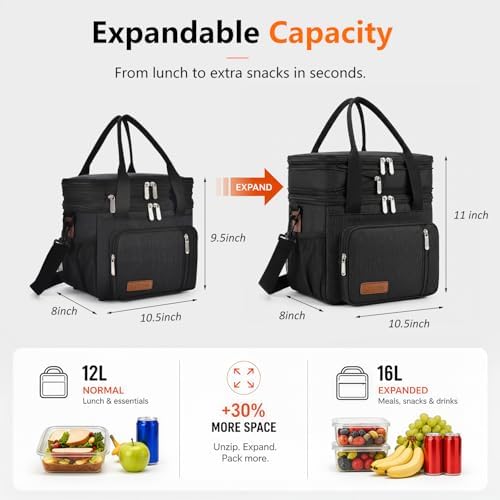 Lunch Box & Lunch Bag for Men & Women, Expandable Double-deck Expandable Large Insulated Cooler Lunch Bag with Shoulder Strap, Leakproof Durable Adult Lunch Box for Work, Picnic, 16L, Black