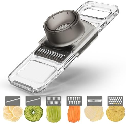Transparent Multifunctional Mandoline Slicer - 6 Blades Interchangeable, Handheld Vegetable Cutter with Hand Guard for Kitchen, Onion, Garlic, Safe Food Slicer
