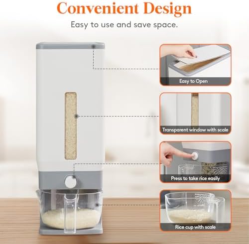 Rice Container 25 Lbs, One-Press Dispenser with Measuring Cup