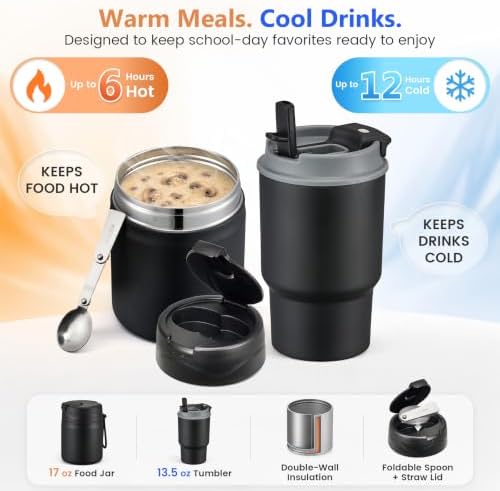 Lunch Box Set with Bento Box Container, 17OZ Stainless Steel Food Soup Thermo, Kids Water Bottle & Portable Insulated Lunch Bag – Leakproof, Hot/Cold Retention for School, Travel (Black)