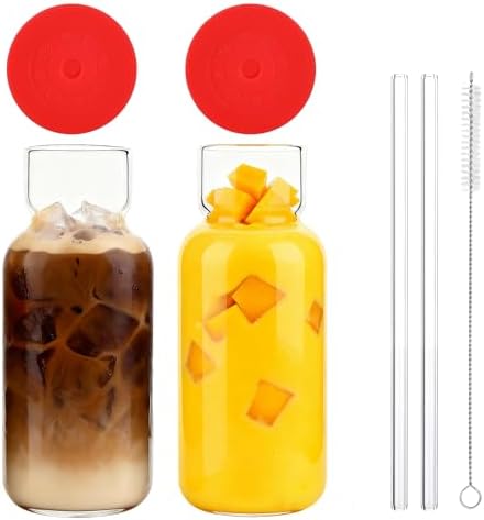 2 Pack 24oz Glass Cups with Lids and Straws, Large Iced Coffee Cups with Silicone Lids, Clear Glass Tumblers with Glass Straws for Coffee, Tea, Smoothies and Cold Drinks