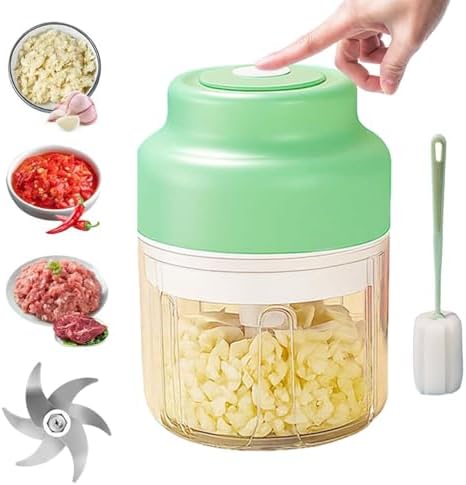 Electric Garlic Chopper, Mini Food Processor, Mini Portable Veggie Chopper with 4/6 Stainless Steel Blades, Rechargeable Small Food Processor for Garlic, Onion, Chili, Ginger, Nuts (Green, 360ML) by WarmCozyHome