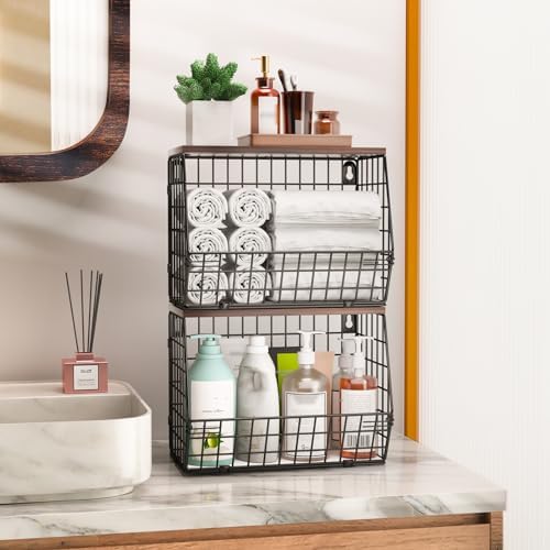 Fruit Basket for Kitchen Counter 2 Tier Fruit Bowl, Stackable Wall Mounted Hanging Fruit Basket Wire Baskets with Wood Lid with 4 Banana Hanger Hooks, Onion Basket, Fruit and Vegetable Storage