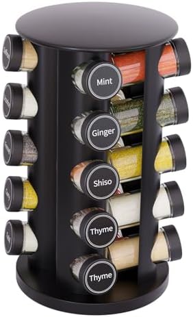 Revolving Spice Rack Set with 20 Spice Jars, Kitchen Spice Tower Organizer for Countertop or Cabinet - Carousel Storage Includes 386 Spice Labels (Black)