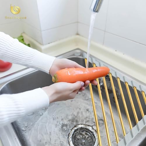 Small Triangle Roll Up Dish Drying Rack, Stainless Steel Kitchen Foldable Sink Caddy Organizer Sponge Holder for Sink Corner, Gold
