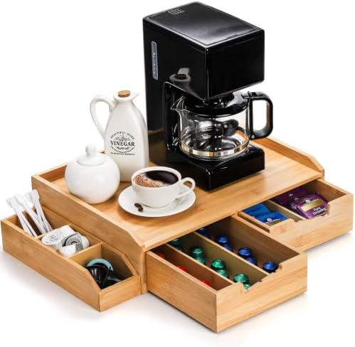 Bamboo 2 Drawer Coffee Pod Organizer with Side Box for K Cup Tea Bag