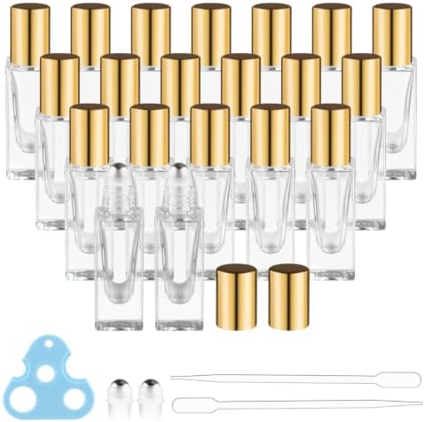 20 Pack 6ml Square Essential Oil Roller Bottles with Gold Caps Refillable Empty Glass Containers for Aromatherapy Perfume DIY Skincare and Personal Blends by Unknown