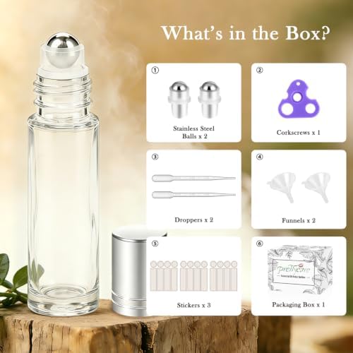 PrettyCare Set of 12, 10 ml Essential Oil Roller Bottles with Stainless Steel Roller Ball - Refillable Leak-proof Empty Thick Clear Glass Roll on Bottles with Silver Metal Caps for Travel, Perfume - Image 2