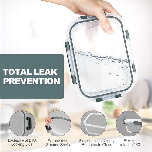 10 PACK Glass Meal Prep Containers Set with Lids, Grey