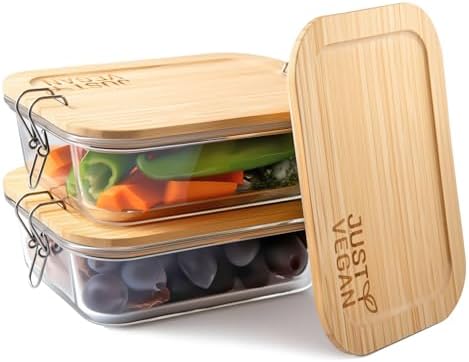 Airtight Glass Food Storage Containers with Bamboo Lids, Set of 2 Secure-Seal Containers for Meal Prep, 100% Leakproof, Plastic Free, Oven & Microwave Safe (2 Pack)