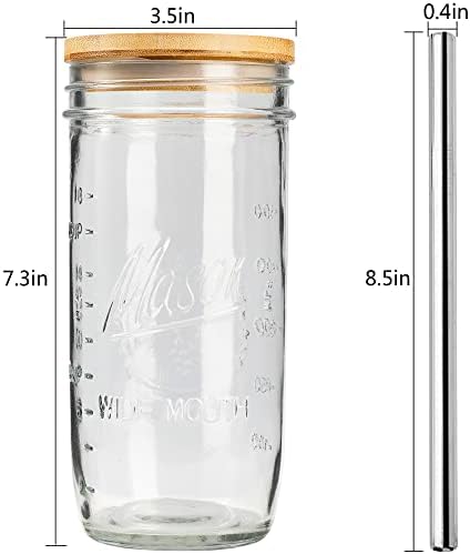 4 Pack Reusable Tea Cups, Glass Jars 24oz Wide Mouth Smoothie Cups with Bamboo Lids and Silver Straws, Drinking Glass Bubble Tea Cups for Iced Coffee Travel Bottle