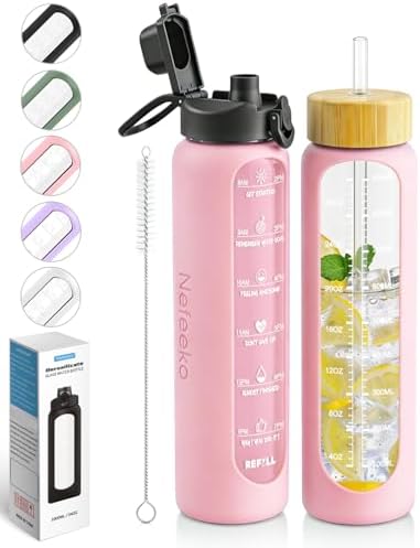 32 oz Glass Water Bottles with Straw, Water Bottle with Time Marker