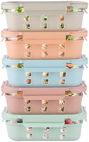 Glass Meal Prep Containers 5 Set, 4.4 Cup Airtight Leakproof Lids, Borosilicate Glass Food Storage Containers, Microwave Oven Freezer Safe, BPA Free Lunch Containers