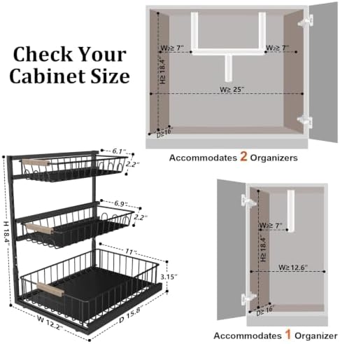 3 Tier Under Sink Organizer, Adjustable Pull Out Metal Storage Drawer