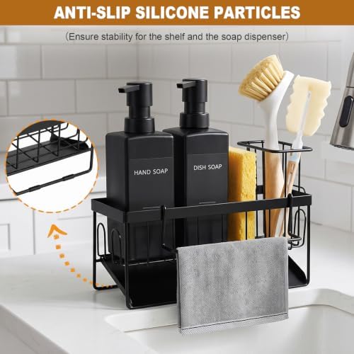 Dish Soap Dispenser, 12 fl oz / 350 ml Dual Kitchen Soap Dispensers with Sponge Holder, Customized Matte Black Kitchen Soap Dispenser Set, Modern Hand and Dish Soap Bottle Set Removable