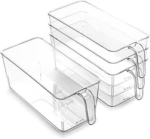L Plastic Storage Bins l THE HOLDER COLLECTION l 4-Pack, Medium Multi-Use Clear Containers for Organizing with Built-in Handles l Pantry Organization & Storage l Kitchen Organizer l Storage Bins