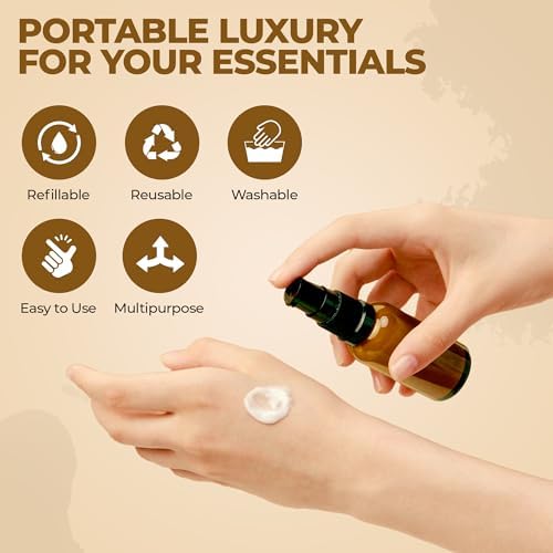 VitalUp Empty Refillable Glass Amber Pump Bottle Ideal for Lotion Cream Essential Oil Travel Small Container, TSA Approved, (6-Pack) 30ml &15ml - Image 4