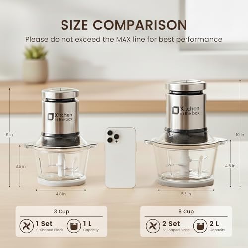 Kitchen in the box Food Processors,Small Meat Grinder & Food Chopper Electric Vegetable Chopper with 2 Bowls (8 Cup+8 Cup)& 2 Bi-Level Blades for Meat/fish/Vegetable/Baby Food,Black - Image 2