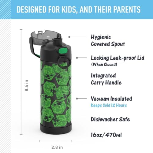 FUNTAINER Water Bottle with Spout, 16oz, Minecraft, Style may vary