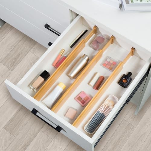 6-Pack Adjustable Bamboo Drawer Dividers, Expandable Drawer Organizer for Kitchen Utensils, Clothes, Bathroom, Office – Fits Drawer Interiors 16.6" to 21.8"