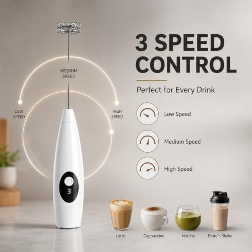 Rechargeable Milk Frother Handheld, Hand Mixer Wand with 3-Speed, Digital Display Drink Mixer Wand, Coffee Frother Handheld for Cappuccino Latte, Portable Hand Mixer (White) - Image 2