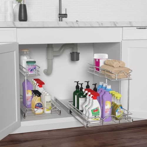Under Sink Cabinet Organizer Two Tier Pull Out Shelf (11.75W x21D), Under Sink Sliding Shelf for Kitchen Bathroom Cabinet 2 Tier Chrome