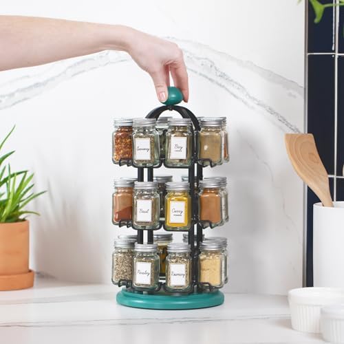 Adrinova 24 Jar Rotating Spice Rack with Spices Included & 5-Year Spice Refill Program – Revolving Countertop Spice Rack with Glass Jars