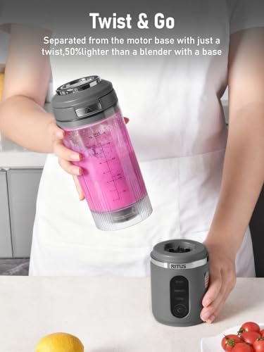 RITUS VORTEX Pro Portable Blender,Personal Blender w/Removable Vessel-for-Smoothies Blend Ice Crush 3 Programs,Cordless 20oz BPA Free Vessel Magnetic-Ring Dishwasher Safe, Leakproof，Grey - Image 2