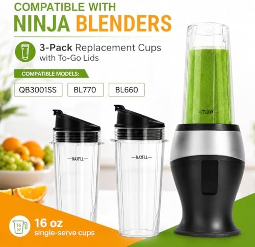 16 oz Ninja Blender Cups Replacement, 3 Pack Cups with Lids, Compatible with QB3001SS, BL660, BL770, BL780, BL740, BL810, 4-Tab Nutri Ninja Blender Cups - Image 3