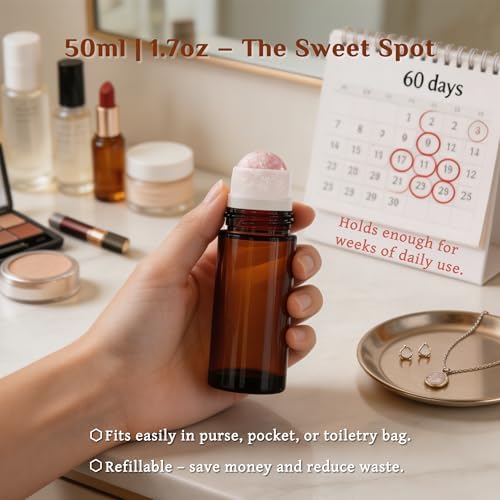 PrettyCare Rose Quartz Roller Bottles for Essential Oils, 50ml Roll On Bottles with Natural Crystal Roller Ball Applicator, Refillable Amber Glass Perfume Bottle (2 Pack, Pink Roller) - Image 6
