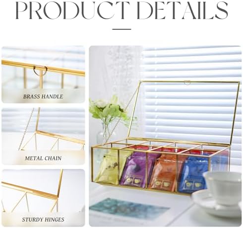Glass Tea Bag Organizer, 8-Compartment Tea Storage Box, Gold