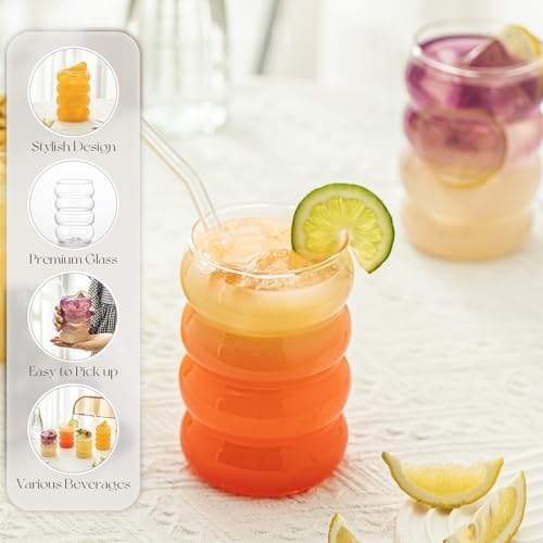 2PCS Wave Bubble Beverage Glasses With Straws, 18 Oz Vintage Glass Cups, Aesthetic Iced Coffee Glasses, Ripple Glassware, Beer Glasses - Stylish Drinkware for Every Occasion