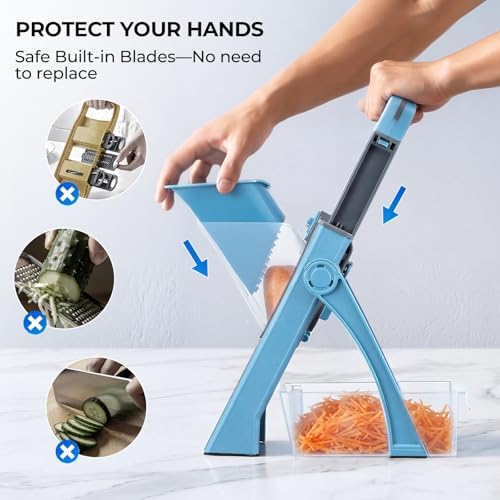 Safe Mandoline Slicer Multi Vegetable Chopper, Foldable 4 in1 Fruit Slicer Dice Strip Shred Veggie Cutter with 0-8mm Thickness Adjustable Built in Blades, Detachable Salad Chopper - Image 2
