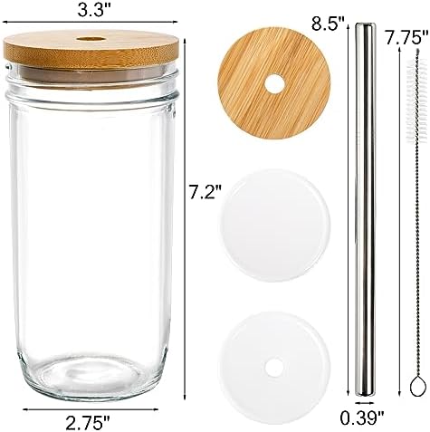 6 Pack Glass Cups with Lids and Straws, 24 oz Mason Jar Smoothie Cup Aesthetic Cute Glass Tumbler Coffee Beer Can Cups Boba Cup for Bubble Tea, Juice, Gift