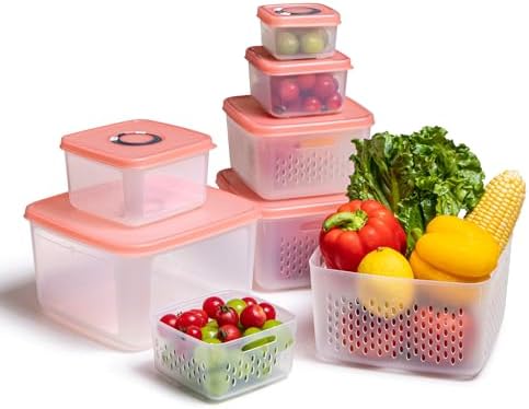 6-Piece Fruit Storage Containers for Fridge with Lids — BPA-Free Produce & Salad Keeper with Removable Colanders, Dishwasher & Microwave Safe, Multi-Size Meal Prep & Lettuce Saver
