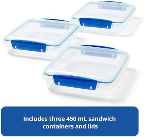Pack & Go 450 mL Sandwich Container, 3-Pack, Meal Prep Containers with Secure Seal Lids