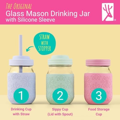 Kids/Toddler 16oz Glass Mason Jars + Sleeves + Lids | 4pk