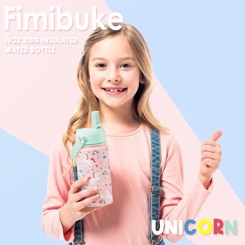 Kids Insulated Water Bottle, 14oz BPA FREE Double Wall Vacuum Tumbler 18/8 Stainless Steel Leak Proof Kids Cups with Straw Metal Bottle for School Boy Girl (2 Pack, UNICORN/WHITE DINOSAUR)