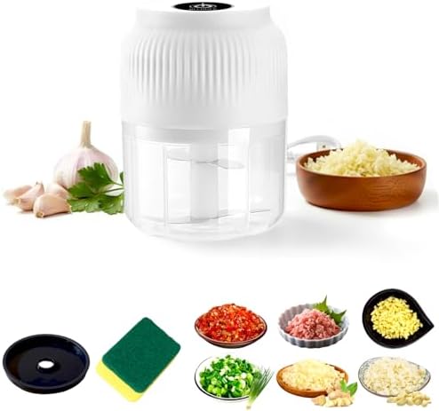 300ml Capacity Electric Garlic Chopper, Mini Portable Veggie Cutter, 4 Sharp Stainless Steel Blades Mini Electric Food Chopper, Compact Size, Easy to Clean, One-Touch Operation (White) by Dododox