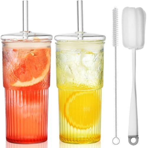 Glass Cups with Lids and Straws, 22 oz High Borosilicate Clear Iced Coffee Glass Tumblers, Drinking Glass Smoothie Tea Water Cups, Pack of 2 with Cleaning Brush