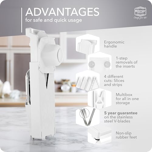 Mandoline Food Slicer Börner V3 (Starter Set) by Reston Lloyd • V-Slicer with Blade Storage & Safety Food Holder • Made in Germany • Fruit & Vegetable Chopper • Multiple Settings: White - Image 4