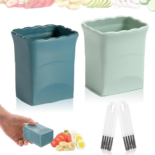 Fruit Slicer Cup 2 PCS, Egg Cutter, Strawberry Banana Chopper, Creative Kitchen Gadget for Making Vegetable Salad, Dishwasher Safe (Green + Blue), 8.5cm