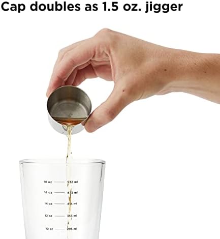 18 oz Glass Cocktail Shaker with Printed Measurements, Multi-Use Stainless Steel Topper with 1.5 oz Jigger Cap and Strainer, 3.94 x 3.54 x 9.06 IN