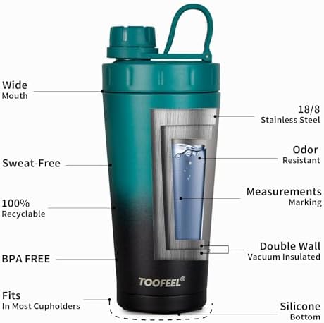 TOOFEEL Stainless Steel Protein Shaker Bottle - 20 oz Double Walled Insulated Cup, Keeps Cold/Hot for Gym Workout Mixes - Image 5