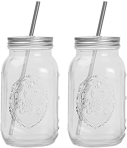 Smoothie Cups, Glass Mason Drinking Jar, 24oz Smoothie Cups with Lid and Stainless Steel Straw, Drinking Mugs, Tea Cup Travel Mug, Ideal for Juice, Milk (Pack Of 2, Clear)