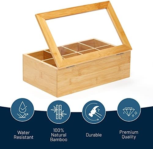 Big Natural Bamboo Tea Storage Organizer, Clear Acrylic Top, 8 Compartments