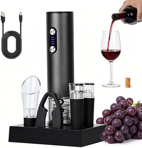 Rechargeable Electric Wine Opener 7-in-1 Gift Set, Automatic Wine Bottle Opener with Charging Base, Foil Cutter, Aerator Pourer & 2 Vacuum Stoppers for Wine Lovers
